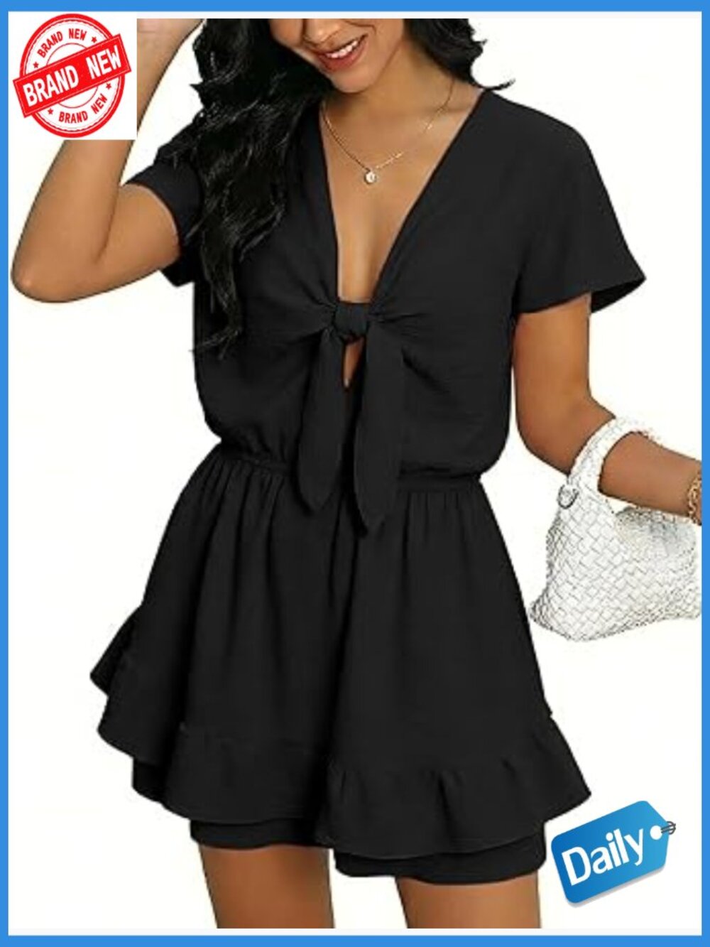 V-Neck Tie Front Romper with Pockets Ruffled Hem Summer Shorts